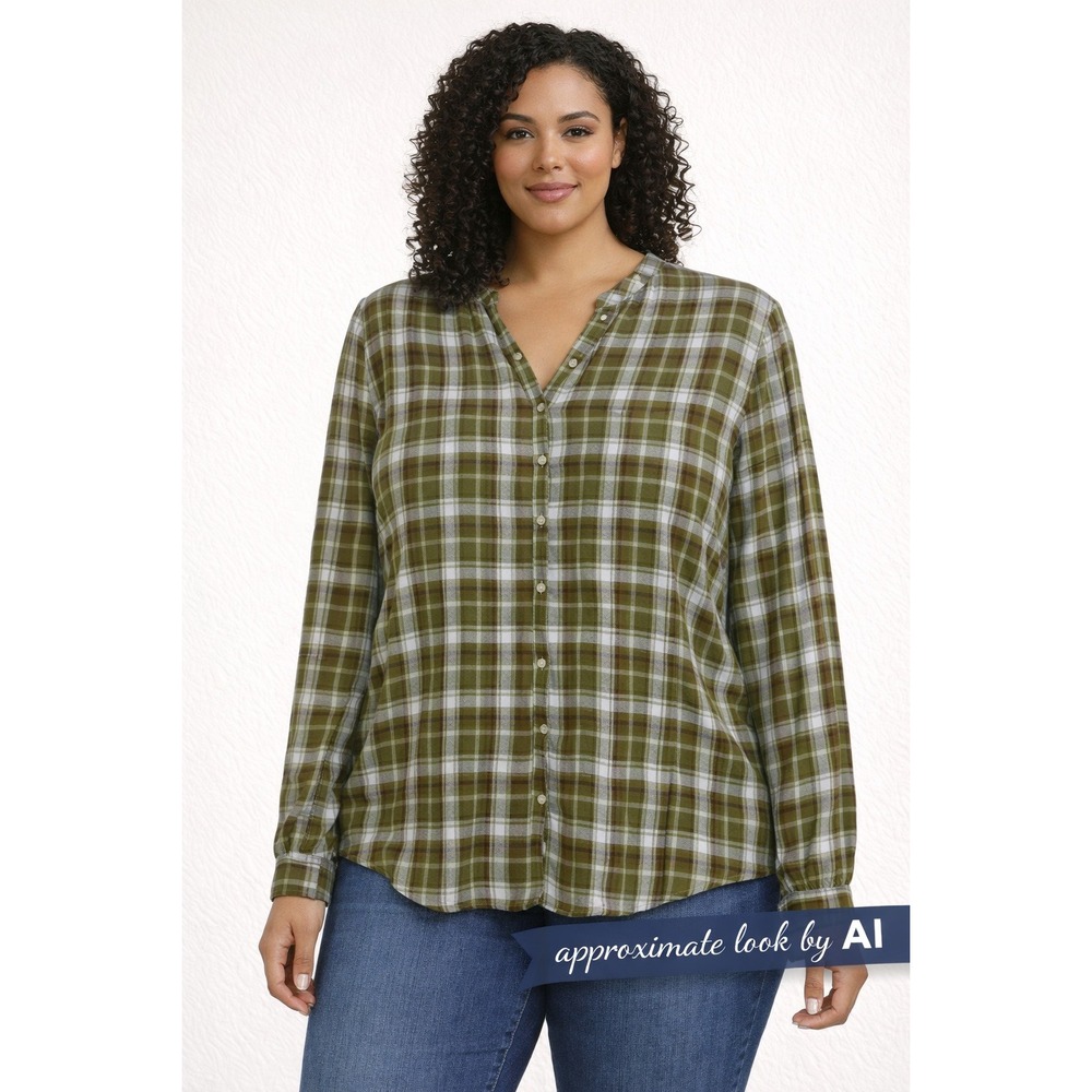 LOFT Women Green Plaid Ruffle Collar Button Down Blouse Long Sleeve Size M